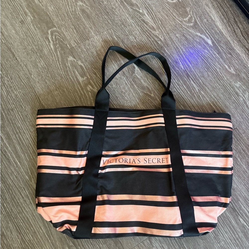 Victoria's Secret Black and Pink Striped Tote